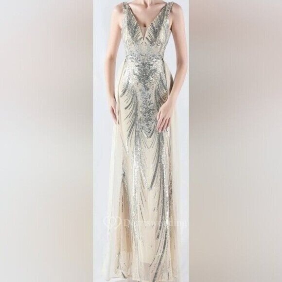 Silver, Double V, Beaded Back, Detachable Draped Skirt, Sequined Mermaid Gown - Picture 14 of 16